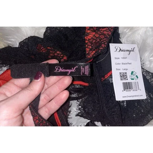 Dreamgirl High Neck Eyelash Lace Collared Teddy Bodysuit 10537 L Large Red Black - Picture 6 of 7